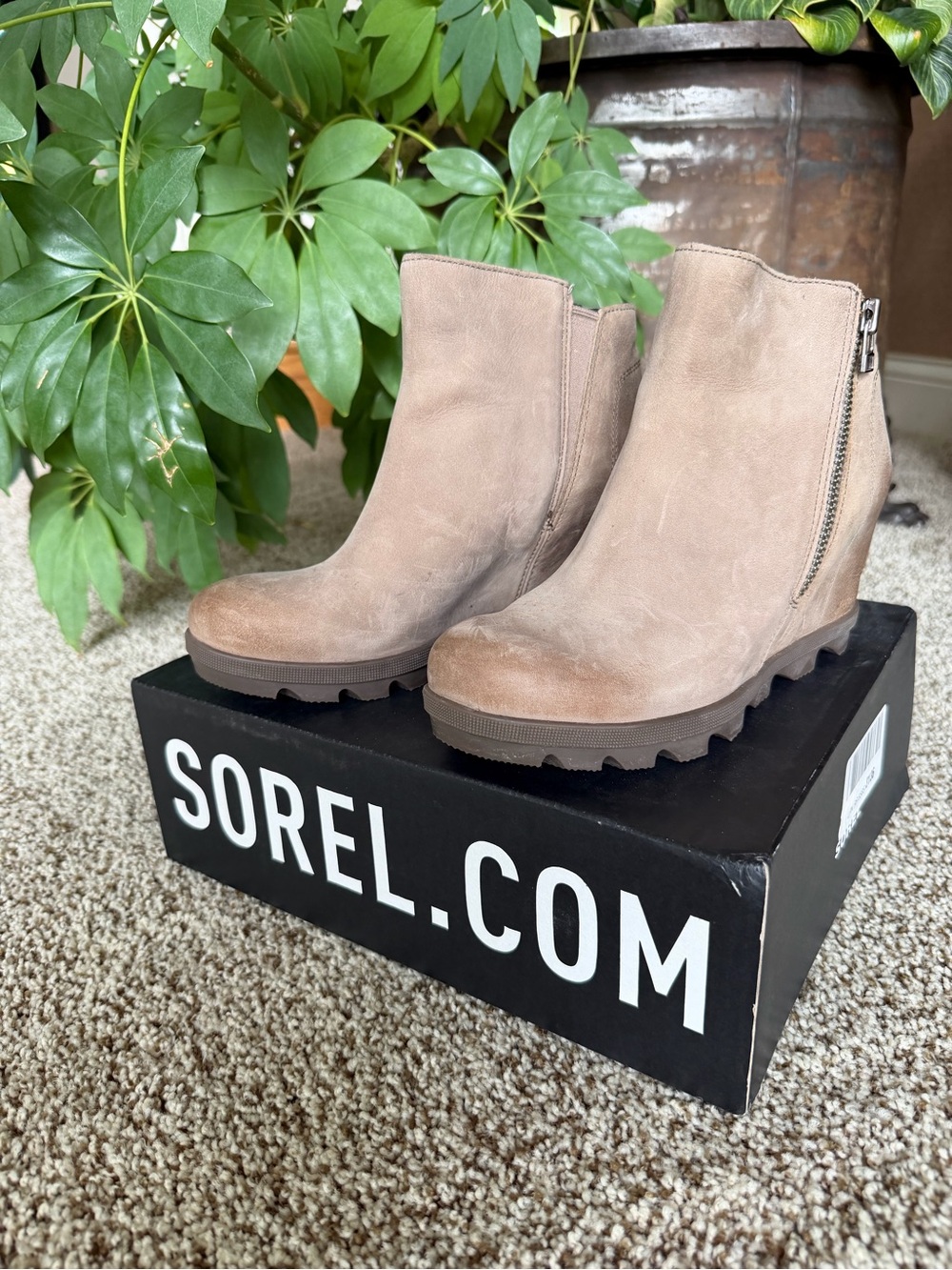 Sorel Joan of Arctic Wedge II - Ash Brown Ankle Booties with Side Zipper